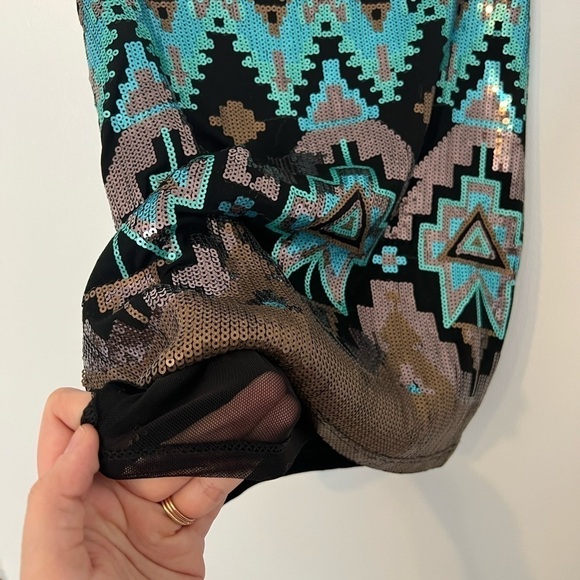 NWT Small Sequin Gold Turquoise and Black Mini Skirt Boho Vibe - Picture 11 of 12